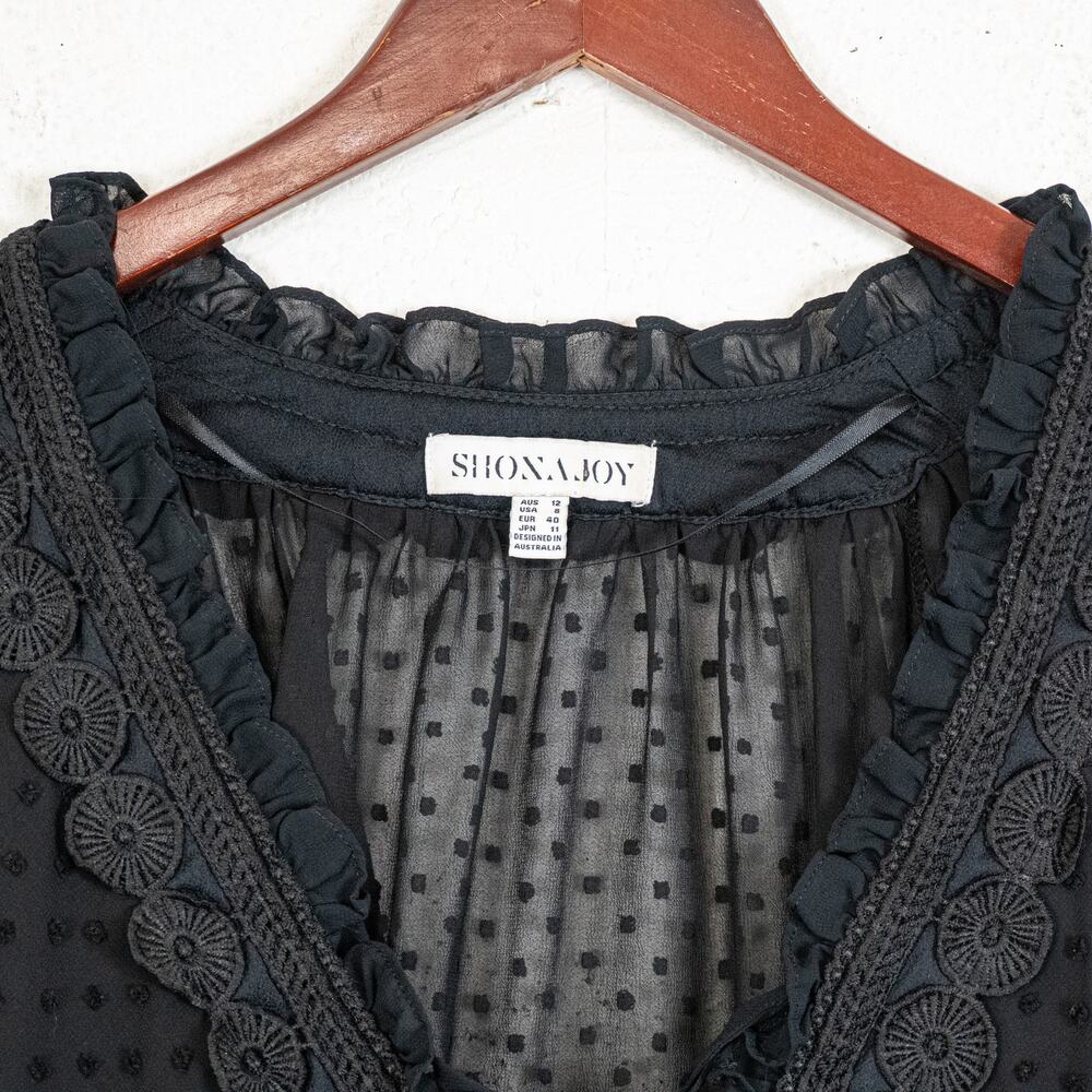 SHONA JOY Black swiss dot sheer Mini Dress Lace trim size 8 US - Picture 3 of 11
